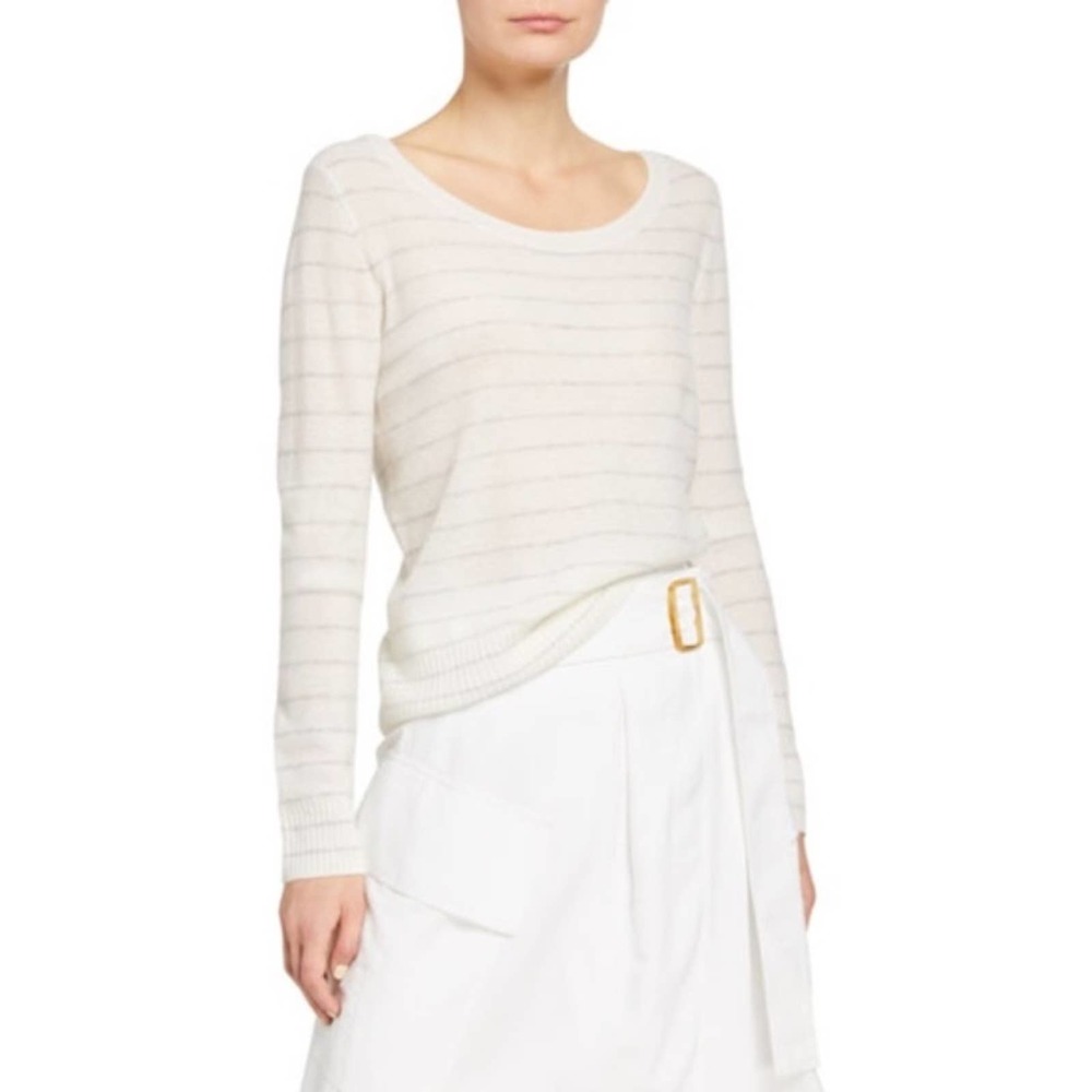 NWT Vince Striped Scoop Neck Cashmere Sweater Pullover Off White Gray XL